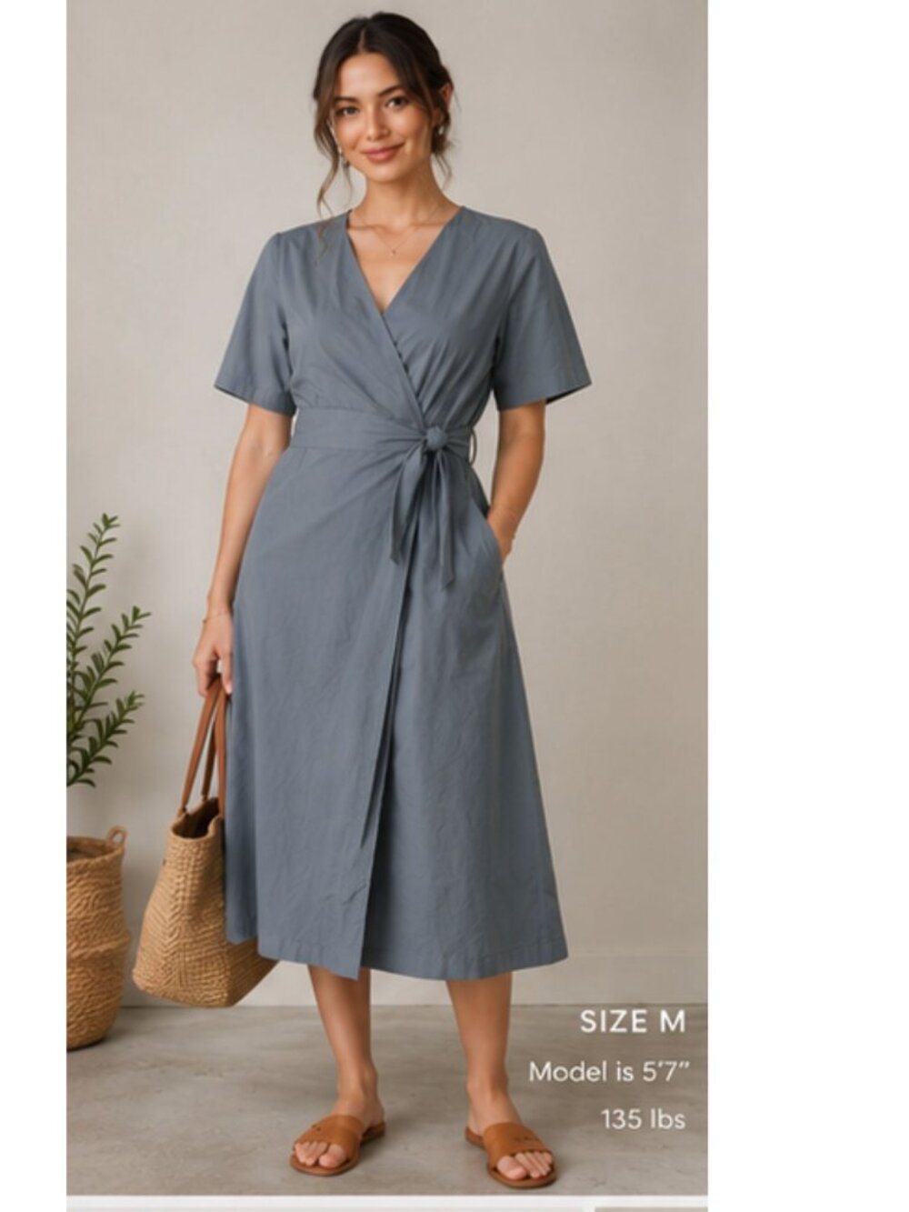Margin Weathered Blue Cotton Wrap Midi Dress Tie Waist Pockets Size Medium